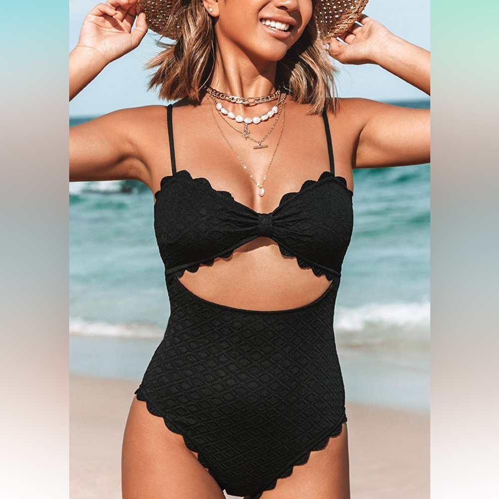 NWT Women's One Piece Swimsuit Sexy Black Cutout Scallop Trim - Size S